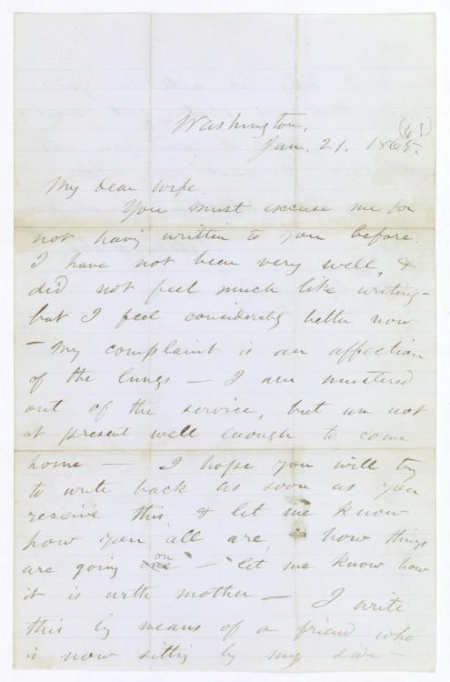 Carta escrita por Walt Whitman de quando esteve na guerra no trabalho voluntário de escrever cartas às famílias dos soldados que iam morrer.
A carta está assinada por Robert N. Jabo, soldado do 8.º de Infantaria de New Hampshire, e é dirigida à sua...