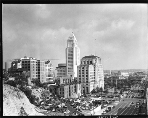 Los Angeles City Hall and the Civic Center District as seen from Bunker Hill, 1940’s.