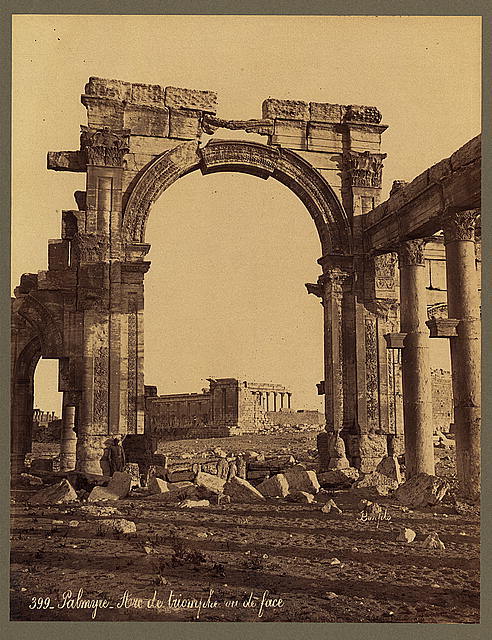 hismarmorealcalm:Palmyre  Arc de triomphe vue de face  albumen print photograph Maison Bonfils Beiru