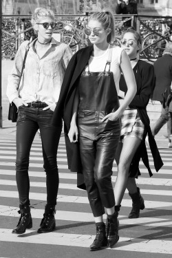 senyahearts:  Gigi Hadid &amp; Devon Windsor - Street Style, Paris (03/08/2015)