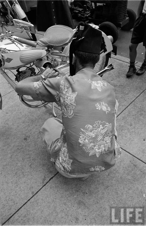 Shriner with loud shirt and motorbike(Lisa Larson. 1953)