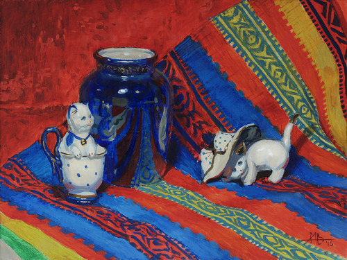 Still life with chinese tea set. Oil on masonite, 30x40 cm.Still life with two porcelain cats. Oil o