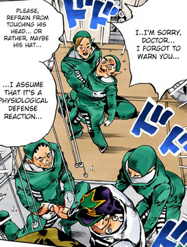 diabowlic:  diabowlic:  doc 1: we need to remove his ha- doc 2, an experienced SPW member: NO! doc 1: doc 2, putting his arm on doc 1′s arm: …it’s…unremovable… doc 1, under his breath: a..re you telling me it’s?… doc 2: fused with his hair…yes…