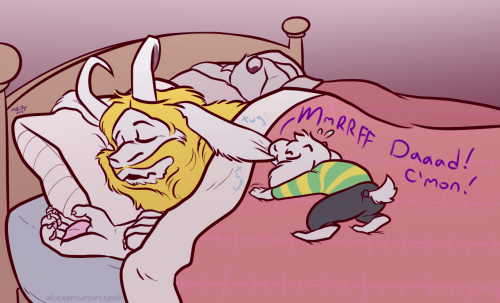 chrisnpics:aliceapprovesart:The Monster King Saw this really cute video of Asriel as Simba and it made me think of Asriel trying to wake up Asgore in the morning like Simba. A good opportunity to draw the goat family. BONUS: Movie night with the family.