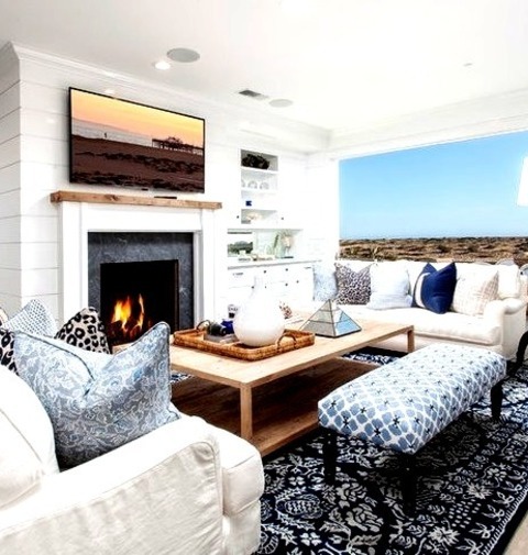 Orange County Beach Style Living RoomExample Of A Large, Open-concept Living Room With White Walls, A