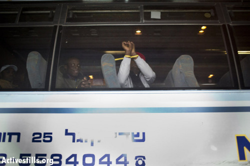 israelfacts: Handcuffed African immigrants sit in a bus after they were arrested by the immigration 