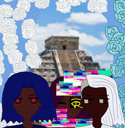 the triplets are in front of a gray stepped pyramid in teotihuacan. bright cloud-like white and sky blue roses everywhere behind them with a sky-like rose arch that melds into the skies slightly. the arch is similar to armando and ranvir's in their older age rose arch art.