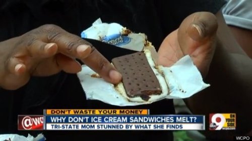 huffingtonpost:  WALMART’S ICE CREAM SANDWICHES DON’T MELT IN THE SUN But Walmart’s store-brand ice cream sandwiches don’t even melt in the sun, according to a report from WCPO Cincinnati. The discovery was made by a local mom, Christie Watson,
