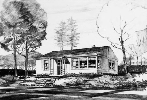 vintagehomeplans:United States, 1947: Engineered Home Plan No. 1A small prefabricated home with an u