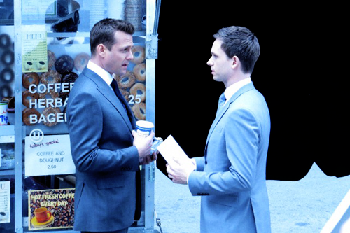 hermione:  Gabriel Macht and Patrick J. Adams filming season 4 of ‘Suits’ in Toronto, April 21, 2014