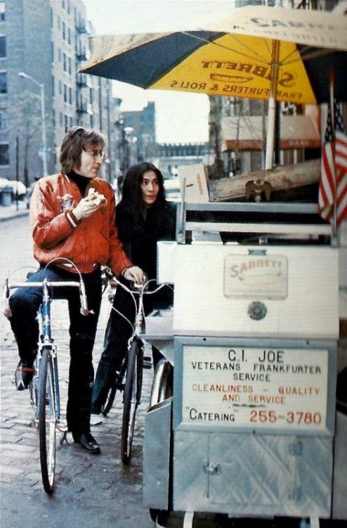 soundsof71:  John & Yoko pedaling around Greenwich Village, 1972, by Ben Ross.