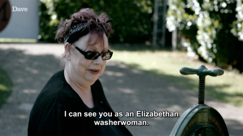 [ID: Two screencaps from Taskmaster. Jo Brand says, “I can see you as an Elizabethan washerwoman.” A