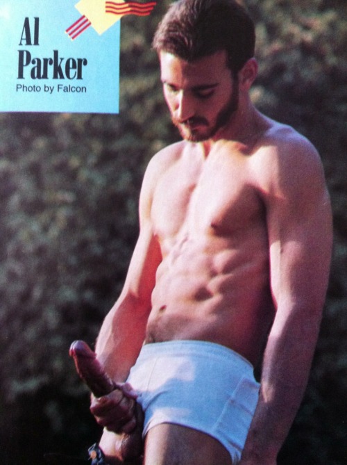 Vintage porn star Al Parker jacking through the fly of his white jockey briefs in Weekend Lockup