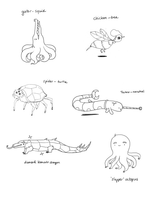 sennwald:Here are some hybrid concepts I drew for Dr Gross’ menagerie in Preboot. I’m still partial to the Pig Snake, even though I didn’t end up using him in the final board. by writer/storyboard artist Aleks Sennwald