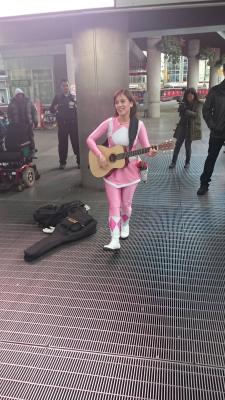 crackopenyourprettyface:  cowabungaindeed:  stunningpicture:  So the Pink Ranger is busking in Toronto right now.  Is that security guard playing with his nipples?  WUT