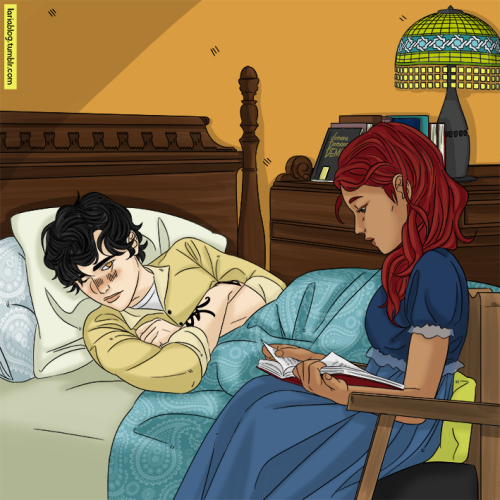 “Here is a scene from that period when James, after being expelled from the Academy, was sent to Cirenworth and contracted scalding fever!
One of those rare scenes we’ve seen so far where I imagine him looking at Cordelia rather then the other way around, since she is too concentrated in the reading of her favourite book!