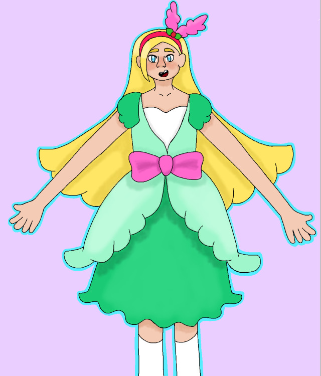 a drawing of ciel from pretty cure in a green dress, her arms outstretched