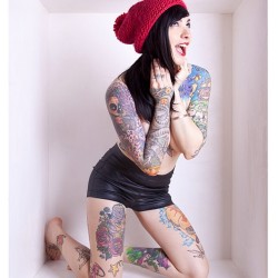 nekomarie:  Hahahah. Me in a nutshell! Makeup by @yassminka. Photo by Scotty Birbeck. #photoshoot #lawls #tattoo #leatherette #shortshorts #tattoos #beanie #topless #model #miau 