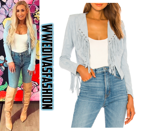 Carmella was seen wearing the NBD Tyler Fringe Jacket in Sky Blue while doing media in Marina del Re