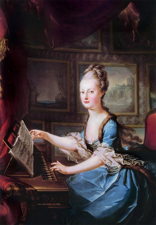 vivelareine:A portrait of Marie Antoinette playing the spinet by Franz Xaver Wagenschön, 1769.