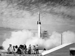 historicaltimes: The first ever rocket launched at Cape Canaveral, July 24, 1950. The “RTV-G-4 Bumper” rocket was used to study problems pertaining to two-stage, high-speed rockets. via reddit 