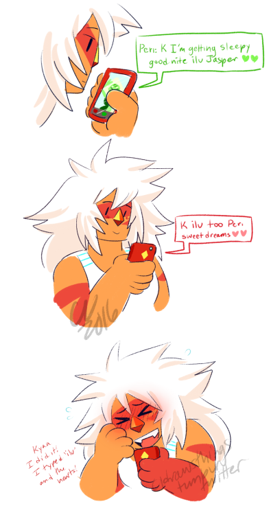 cldrawsthings:    this is so ooc but like imagine if jasper got flustered over cutesy-lovey texts early on in their relationship     It’s like looking in a mirror. A big orange mirror.
