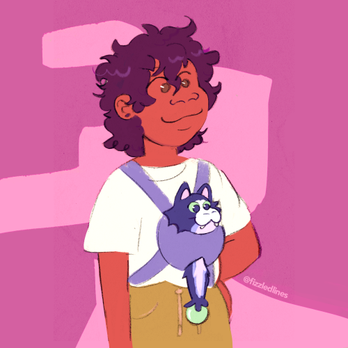 Image description: digital art of Luz Noceda and her palisman String Bean from The Owl House. Luz has curly hair and is wearing a white shirt and a purple baby carrier harness over her chest. String Bean, who is a purple snake with a catlike face, rides inside, and the two of them smile with very similar expressions, facing forwards. The background is pink. End description.