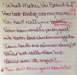 shitroughdrafts:  &ldquo;What Makes You Beautiful&rdquo; by One Direction. Submission by Jessica Catcher.  Follow her here! Pre-order the Shit Rough Drafts book here!  Was this list made by Faz?