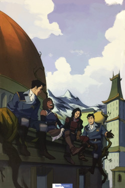 korranews:Team Avatar enjoys a moment together in Republic City, from The Legend of Korra: Turf Wars library edition.