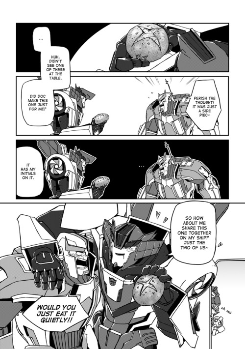 metokuron:  Finally finished it ohgod I spent way too much time on this. THE STUFF I DO FOR MY OTP’s. Ratchet ended up being a tsundere… I don’t know why. Not sure how food works in transformers continuity, but I asked around first. RATCHET x WHEELJACK