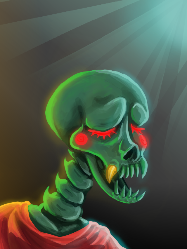 A portrait of Caliborn from Homestuck. He is leaning out to the left with his eyes closed and his mouth open, looking tragic. He's a green skeletal creature with red cheeks & lashes, and a gold tooth.