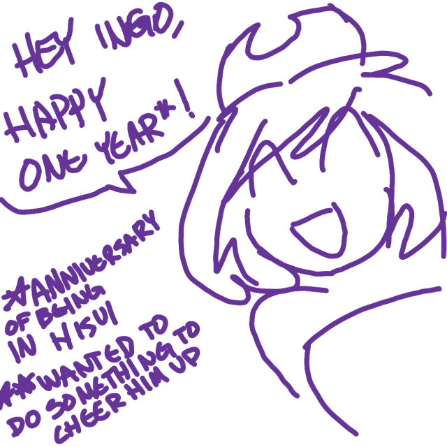 Clan leader Irida leaning into the frame with a big smile, saying "Hey Into, happy one year!" with an addendum clarifying it as the "anniversary of ingo being in hisui" and a second saying she "wanted to do something to cheer him up" 