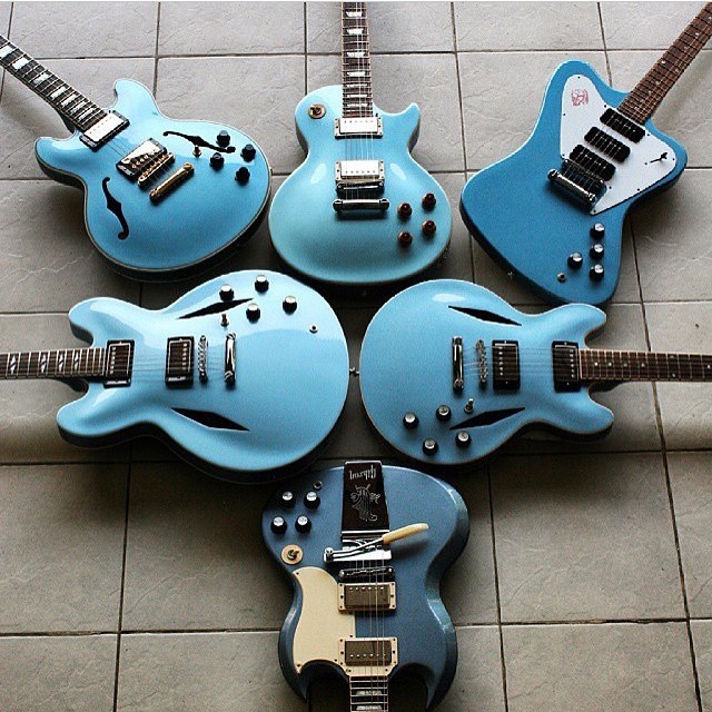 axestasy:  gibsongermany:  Loving this #collection of Pelham blue #gibson #guitars !!