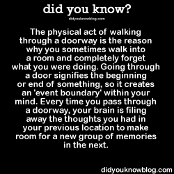 did-you-kno:  The physical act of walking through a doorway is the reason why you sometimes walk into a room and completely forget what you were doing. Going through a door signifies the beginning or end of something, so it creates an ‘event boundary’