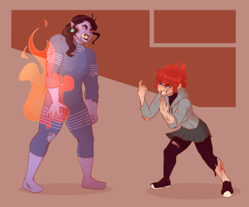 Another commission for @tamtamhi of their characters Qinoda and Simetty, having gotten into a fight 