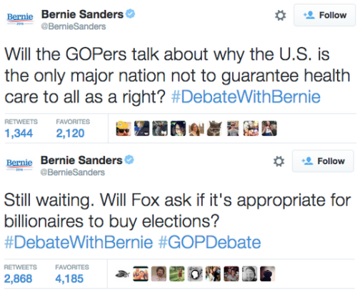 unfollovving:  I’m still waiting for day that he changes that #DebateWithBernie tag to #FeelTheBern