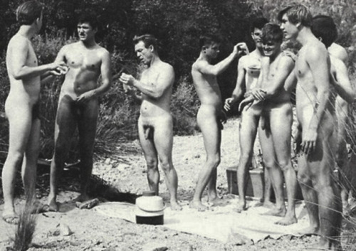 vintagemusclemen:Our Friday main theme is men on camping trips.  These fellows are helpfully applyin