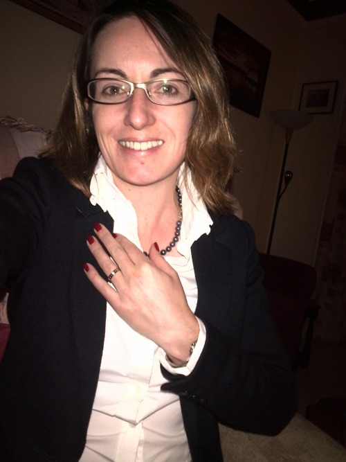 whipmeveryhard:  Dressed and undressed for work. Do you like what I am wearing under