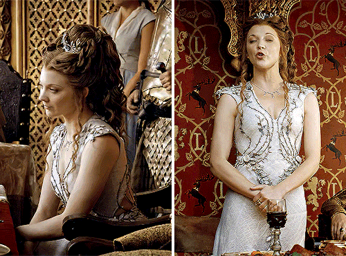 Two gifs of Margaery Tyrell in her white and thorned wedding gown for her marriage to Joffery Baratheon.