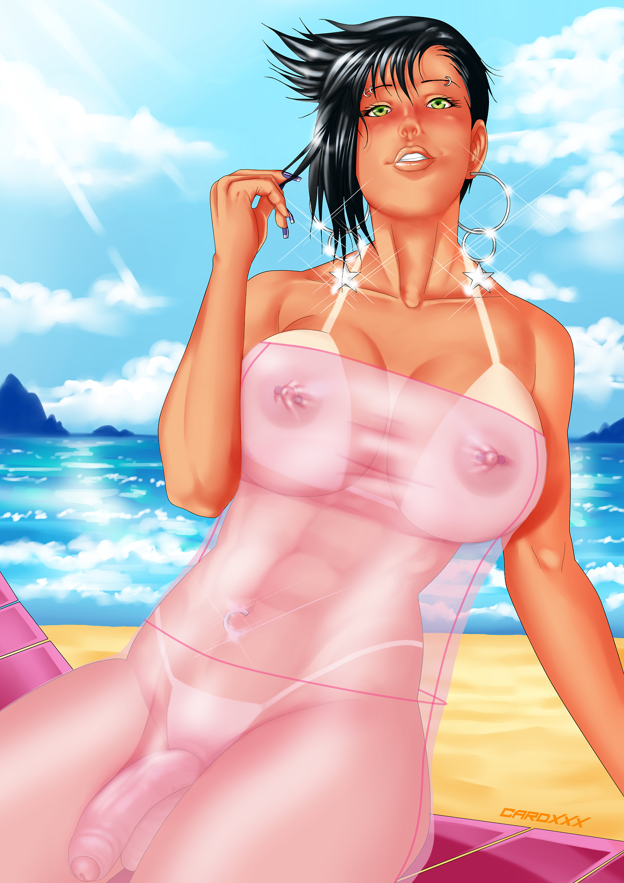 cardxxxhentai: Hi everyone, an art by Cindy taking a little sun on the beach. I created