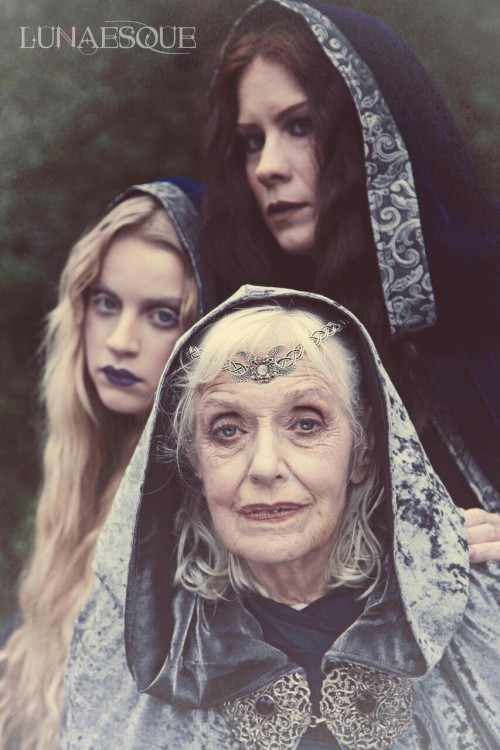 elvenstardesign:The three phases of the goddess, the elder wearing our crescent moonstone circlet.Photography by Lunaesque.com