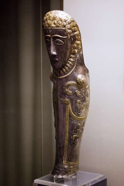 ancientart:A silver-gilded greave dating to the mid-4th century BCE from the Yambol region of Bulgar