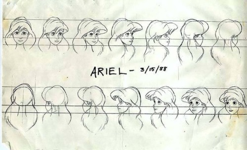 (Rough) model sheets for Ariel from Disney’s The Little Mermaid (1989), which ushered in the Disney 