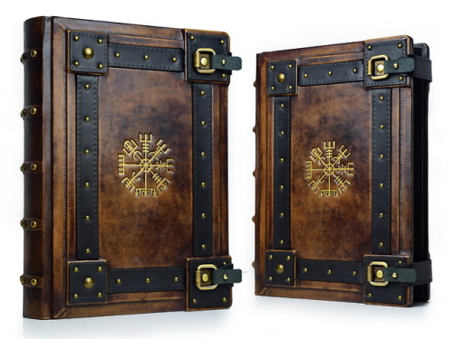 alexlibris-bookart:10&quot; x 13&quot; large leather journal with gilded Vegvisir symbol. English tr