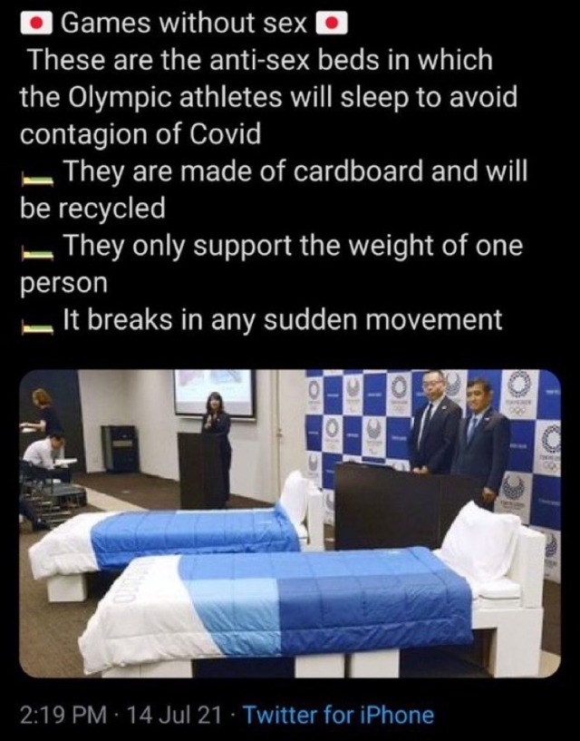 correct-vampire-opinions:thegalacticbucket:jjbeka-deactivated20210812:juani-momo:freckledsweetpea:dongcroncher:“C'mon Olympians it’s bedtime, time to go to your anti fuck beds!”wtf is the “weight of one person”?they’re
