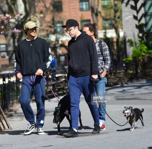 Zachary Quinto and Miles McMillan are seen at the dog park with her dogs on May 1, 2018 in New York 