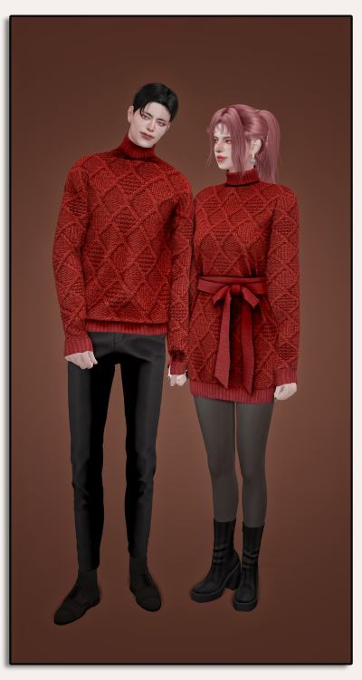 sudal-sims:[sudal] Couple Turtleneck knit set 2▶ All lod▶ Nomal map▶ Male - 30 swatch▶ Female - 25
