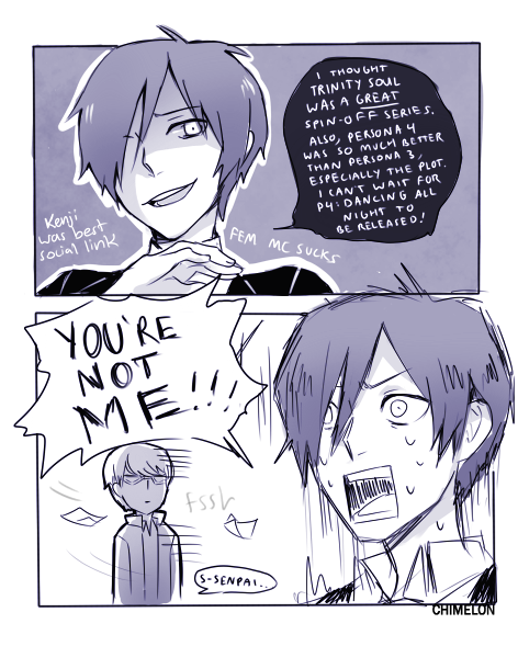 chimelon:  Adventures of P3 and P4 protag. Read Left->Right! 2nd comic based on this. 