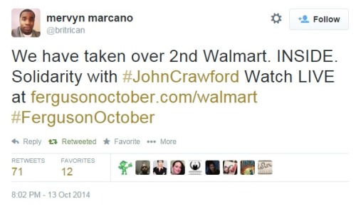 goddesscru:  iwriteaboutfeminism:  In solidarity with John Crawford, Ferguson protesters rally inside and outside of a Wal-Mart. Part One Monday, October 13th  Awesome! Way to take action. 