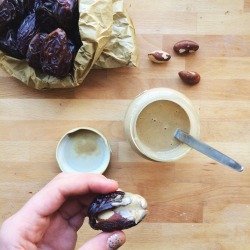 iamnotover:  If you haven’t tried this you haven’t lived.  Gooey fresh medjool date stuffed with a massive Brazil nut and dipped into tahini  Your taste buds will thank you for it